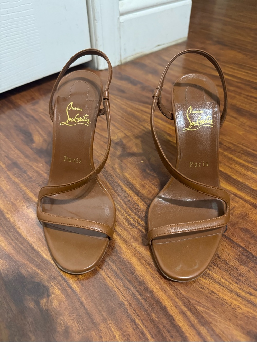 Christian Louboutin Brown Leather Asymmetric Strap Slingback Heels
